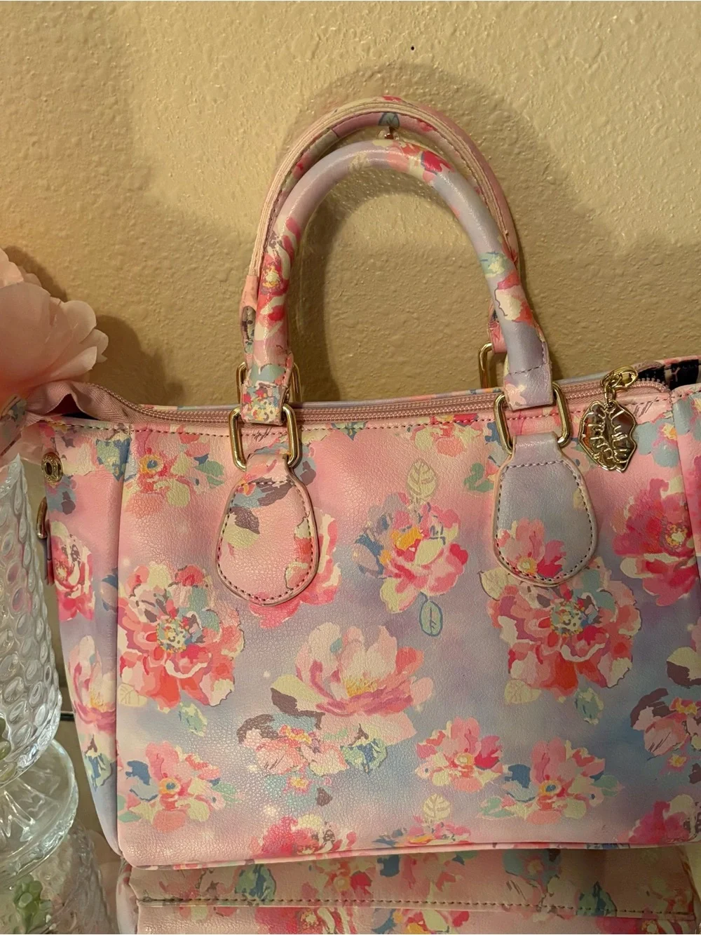 Betsey Johnson Pink Floral Satchel with Gold Hardware